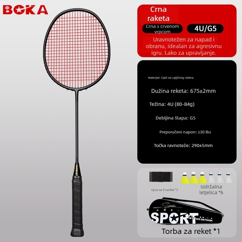 Boca 4U6U badminton reketa – ultra lagana, karbonska vlakna, težina 80-84 g, drška G-5, horizontalni udar