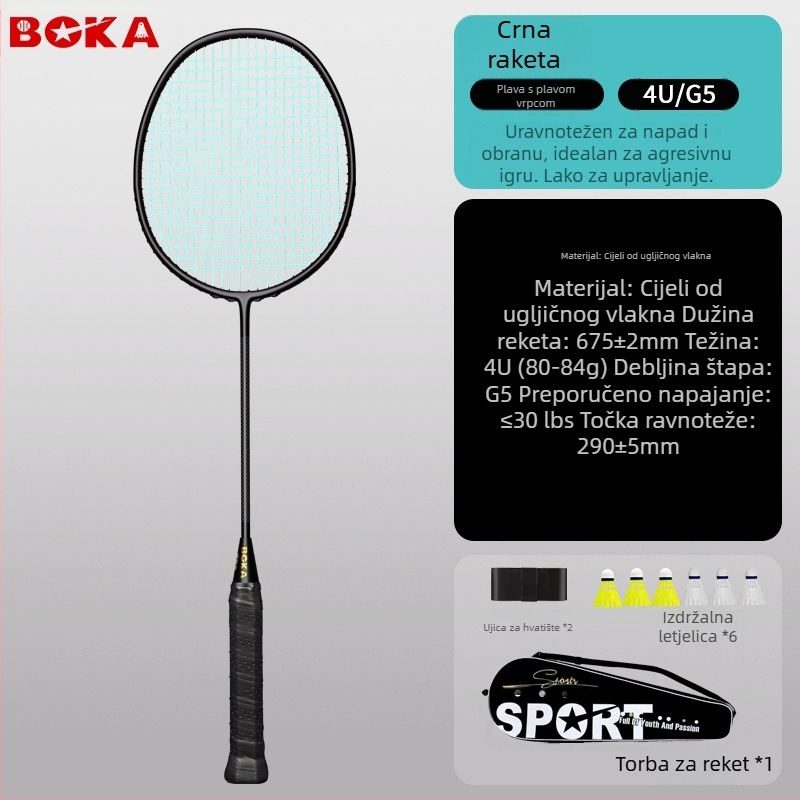 Boca 4U6U badminton reketa – ultra lagana, karbonska vlakna, težina 80-84 g, drška G-5, horizontalni udar