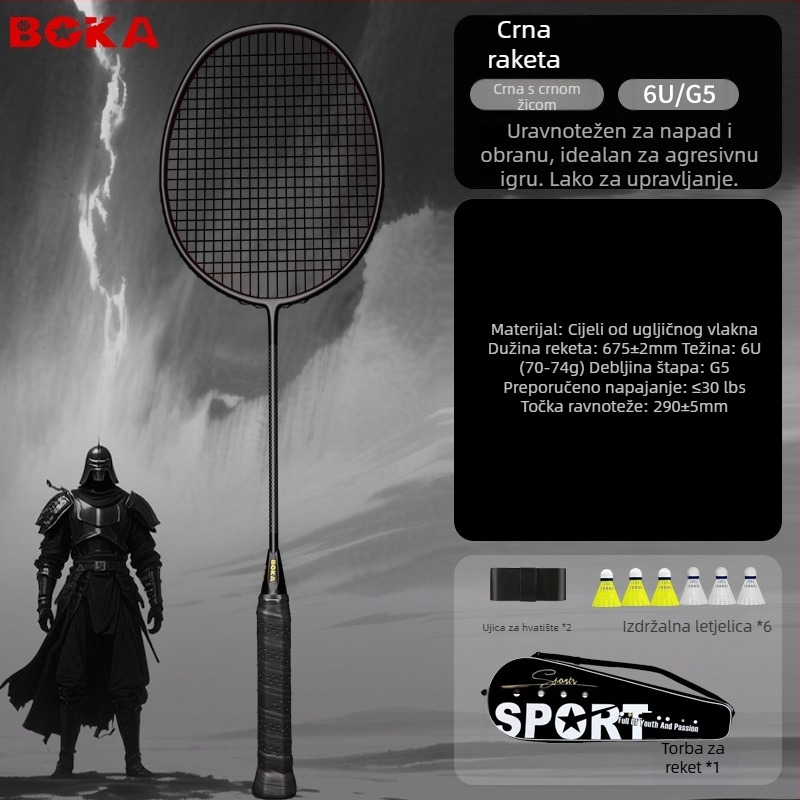 Boca 4U6U badminton reketa – ultra lagana, karbonska vlakna, težina 80-84 g, drška G-5, horizontalni udar