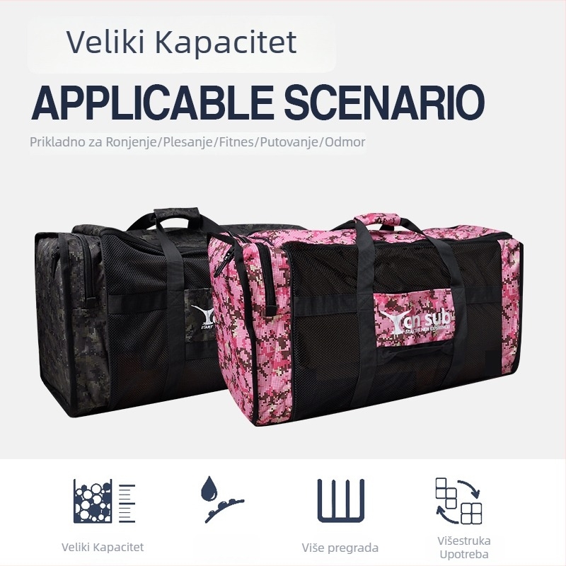 Torba za ronilačku opremu s velikim mrežastim pretincima za peraje, prijenosna s ručkom