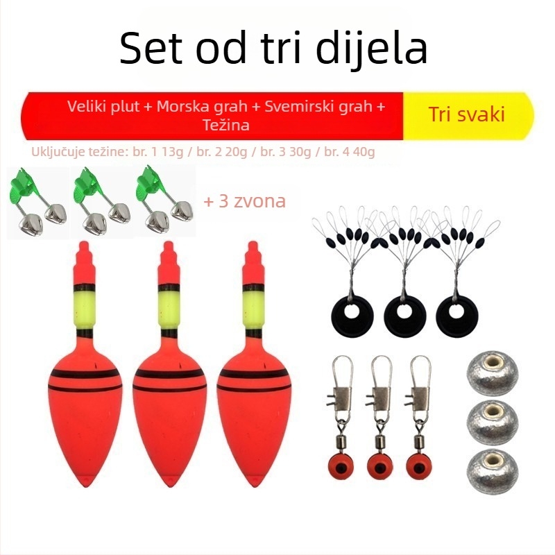 Set plutova za ribolov: plutovac s velikim trbuhom, kuglasti plutovac, plutovac za duga bacanja, za morski i kameniti ribolov, ABO plutovac, plutovac s eksplozivnim udicama, plutovac za velikog šarana