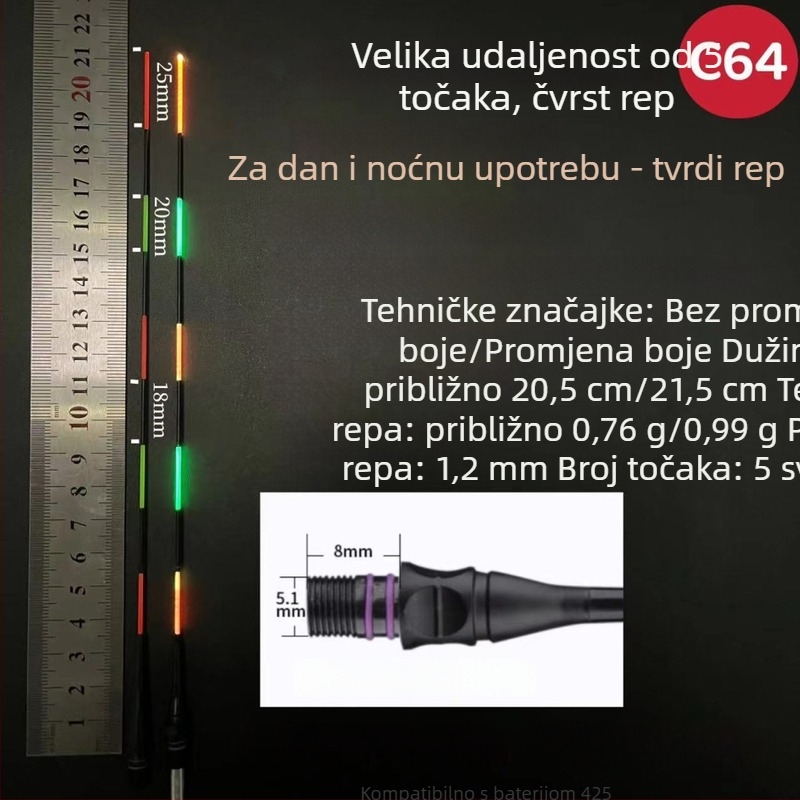 316/425 Prošireni crni elektronički repni dio, dodatak od 1,2 mm, plovak promjene boje za noćni ribol karasa, fina tvrda repa