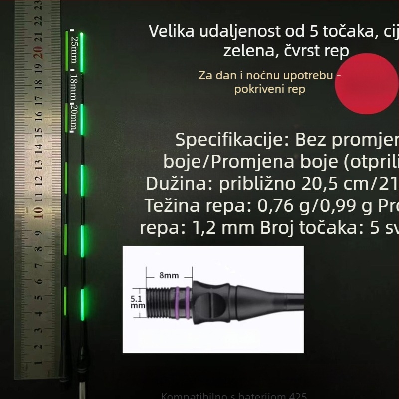 316/425 Prošireni crni elektronički repni dio, dodatak od 1,2 mm, plovak promjene boje za noćni ribol karasa, fina tvrda repa