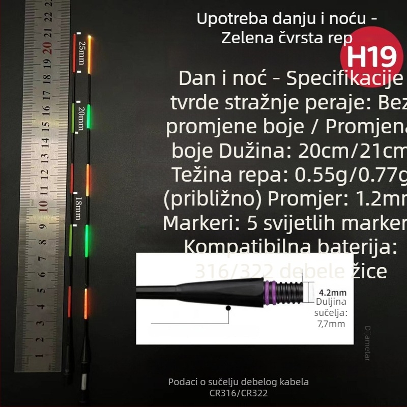 316/425 Prošireni crni elektronički repni dio, dodatak od 1,2 mm, plovak promjene boje za noćni ribol karasa, fina tvrda repa