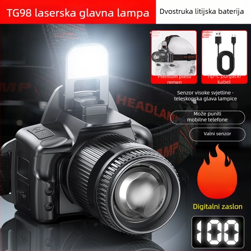 Čelna svjetiljka s laserskim izvorom svjetla, punjiva 3600mAh, 20W, domet ≥500m, ručno napajanje