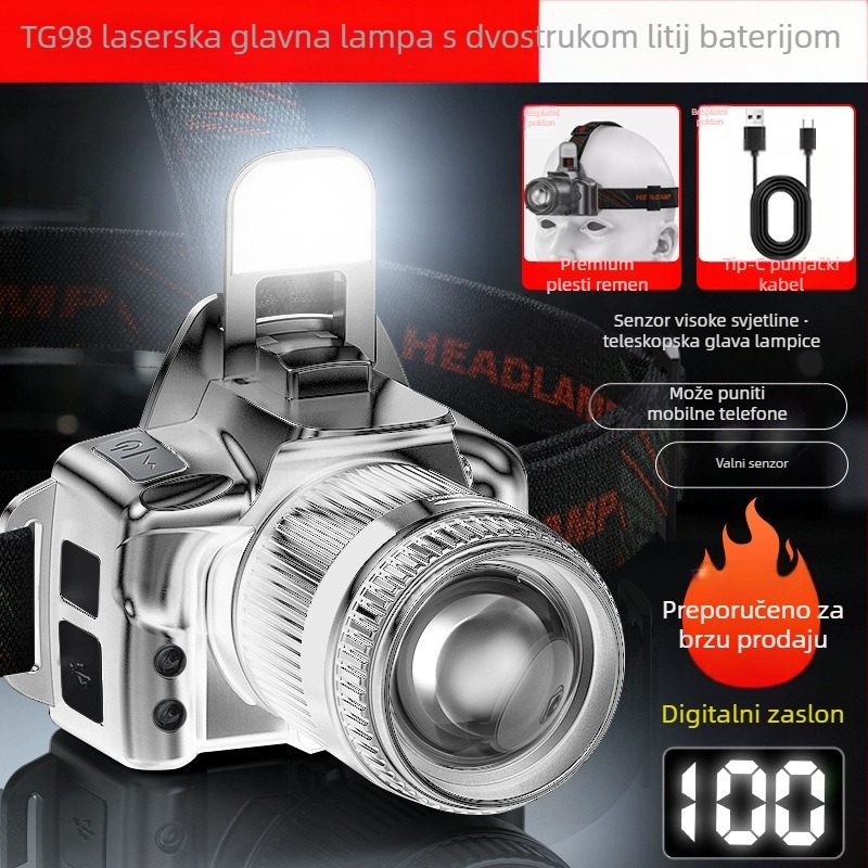 Čelna svjetiljka s laserskim izvorom svjetla, punjiva 3600mAh, 20W, domet ≥500m, ručno napajanje