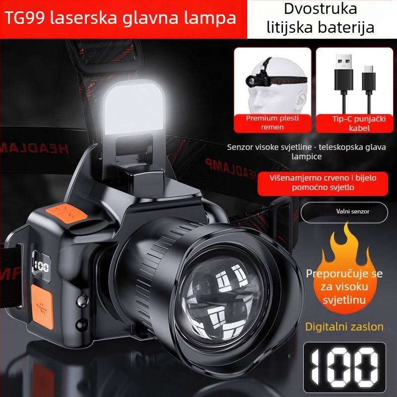 Čelna svjetiljka s laserskim izvorom svjetla, punjiva 3600mAh, 20W, domet ≥500m, ručno napajanje