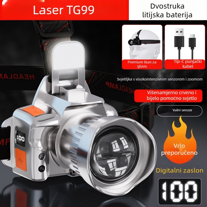 Čelna svjetiljka s laserskim izvorom svjetla, punjiva 3600mAh, 20W, domet ≥500m, ručno napajanje