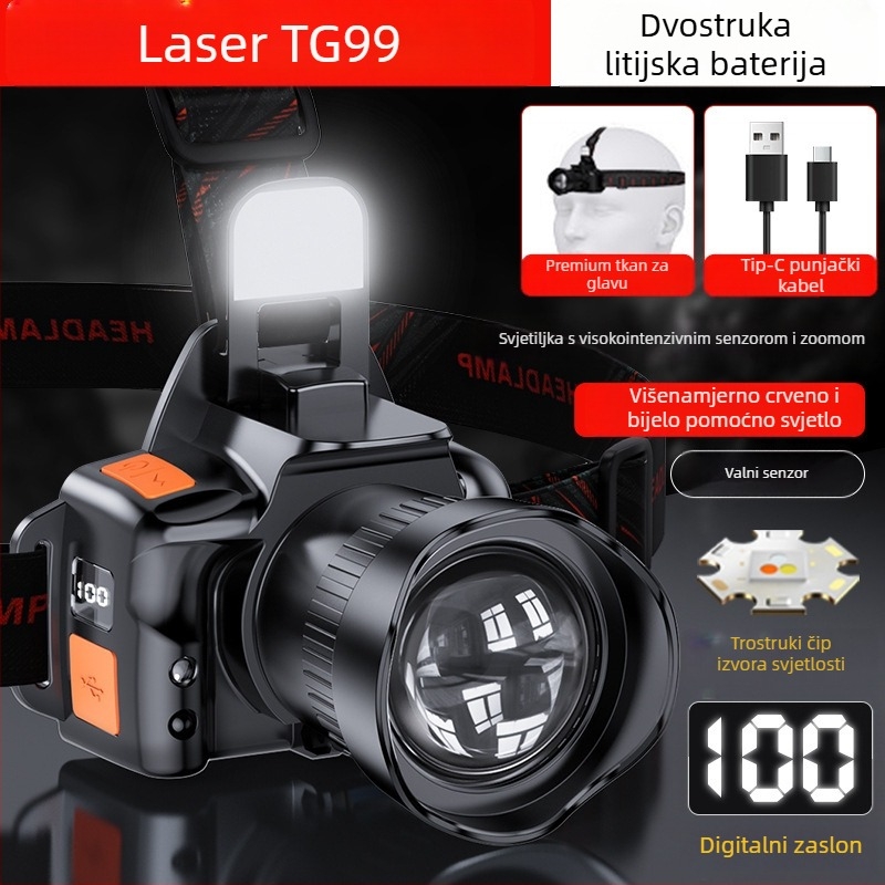 Čelna svjetiljka s laserskim izvorom svjetla, punjiva 3600mAh, 20W, domet ≥500m, ručno napajanje