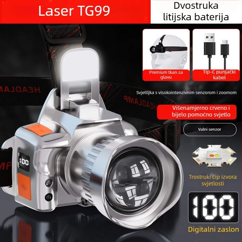 Čelna svjetiljka s laserskim izvorom svjetla, punjiva 3600mAh, 20W, domet ≥500m, ručno napajanje