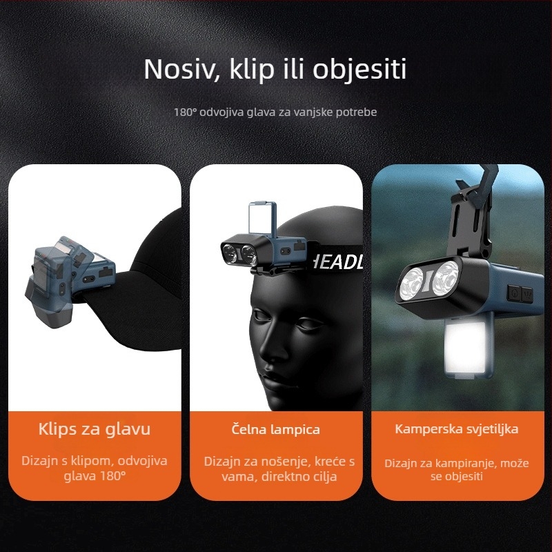 LED čelna svjetiljka, vanjska rasvjeta na glavi, punjiva, 10W, baterija 1500mAh, domet 100–200 m