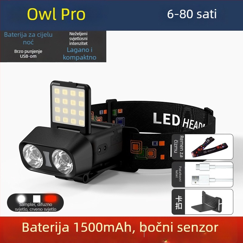 LED čelna svjetiljka, vanjska rasvjeta na glavi, punjiva, 10W, baterija 1500mAh, domet 100–200 m
