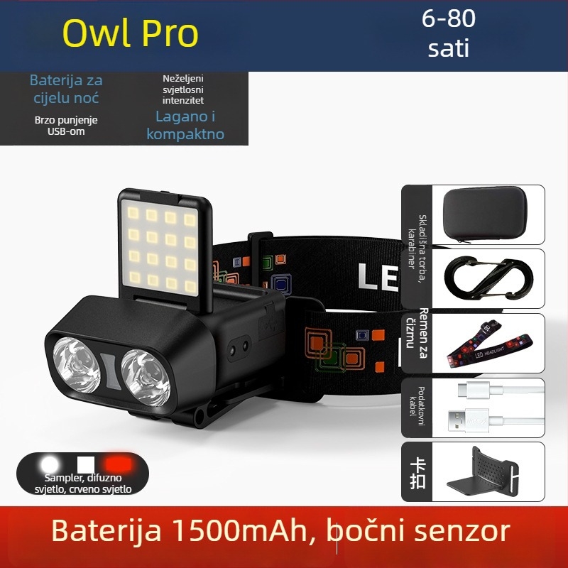 LED čelna svjetiljka, vanjska rasvjeta na glavi, punjiva, 10W, baterija 1500mAh, domet 100–200 m