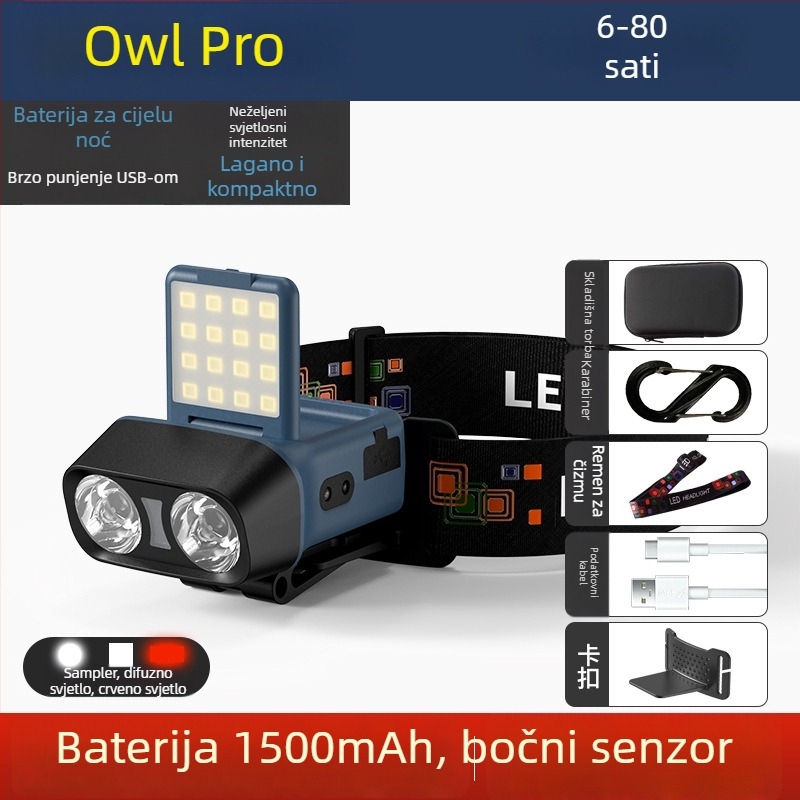 LED čelna svjetiljka, vanjska rasvjeta na glavi, punjiva, 10W, baterija 1500mAh, domet 100–200 m
