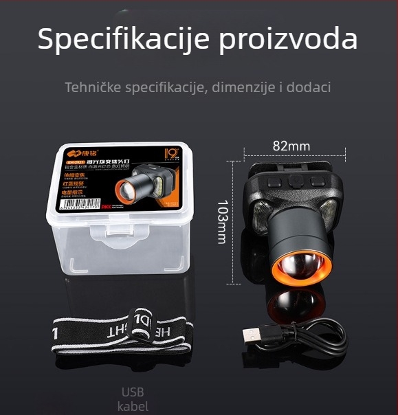 LED lampica za ribolov na glavi, punjiva, 5W, 3000mAh, zumiranje, domet 200–500 m