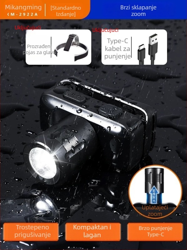 LED lampica za ribolov na glavi, punjiva, 5W, 3000mAh, zumiranje, domet 200–500 m