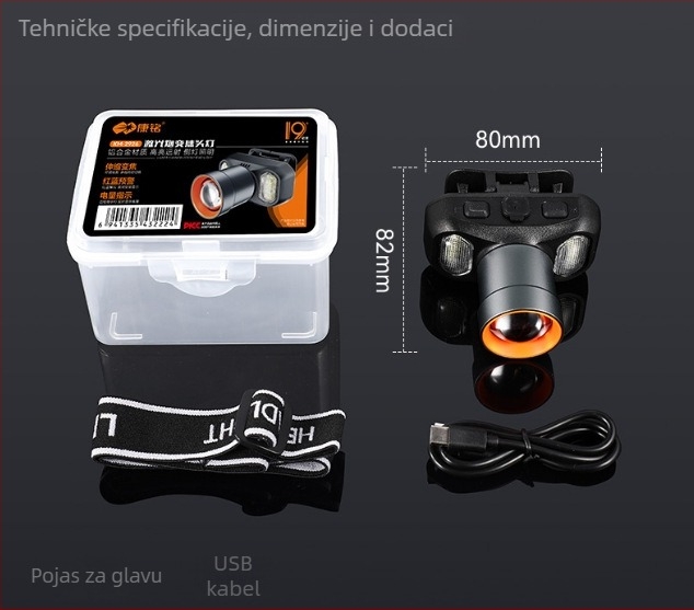 LED lampica za ribolov na glavi, punjiva, 5W, 3000mAh, zumiranje, domet 200–500 m