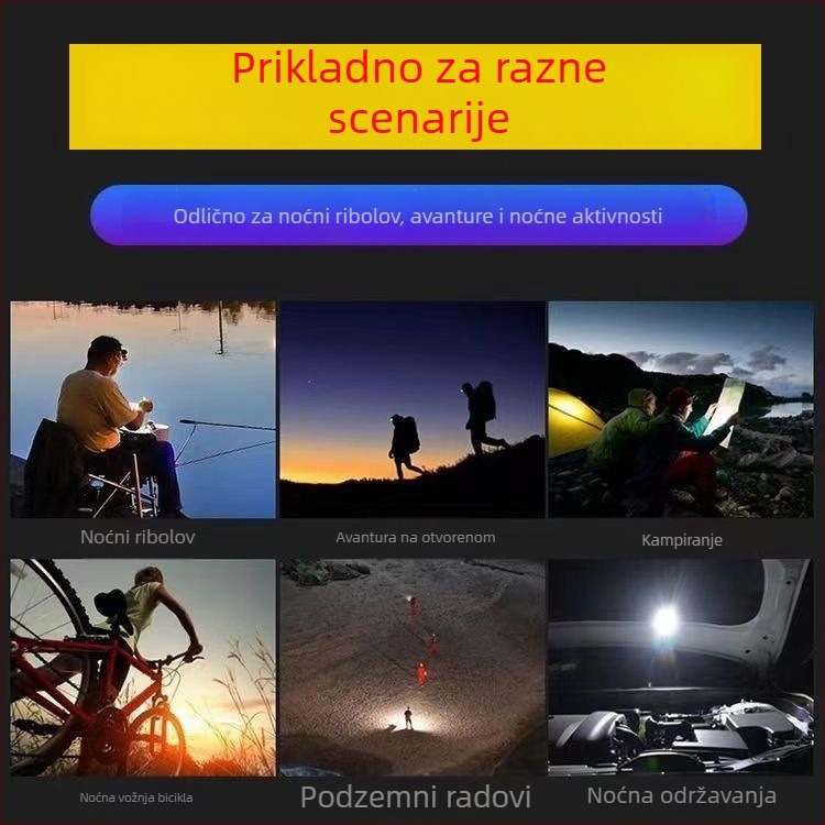 LED čelna lampa, USB punjiva, 5V, nosiva na glavi, domet ≥500 m, trajanje osvjetljenja 8 h, pogodna za noćni ribolov i kampiranje