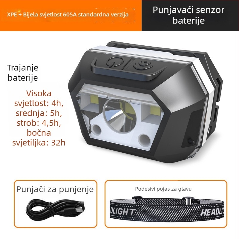 LED čelna lampa s USB punjenjem, vodootporna, za kampiranje na otvorenom, domet zrake 0–200 m, radno vrijeme 3–6 sati
