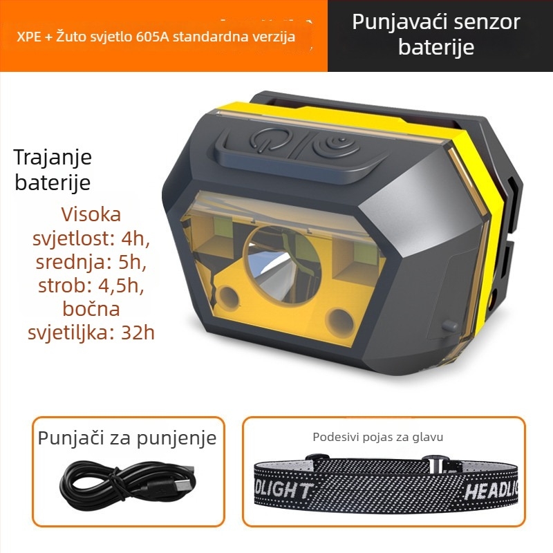 LED čelna lampa s USB punjenjem, vodootporna, za kampiranje na otvorenom, domet zrake 0–200 m, radno vrijeme 3–6 sati