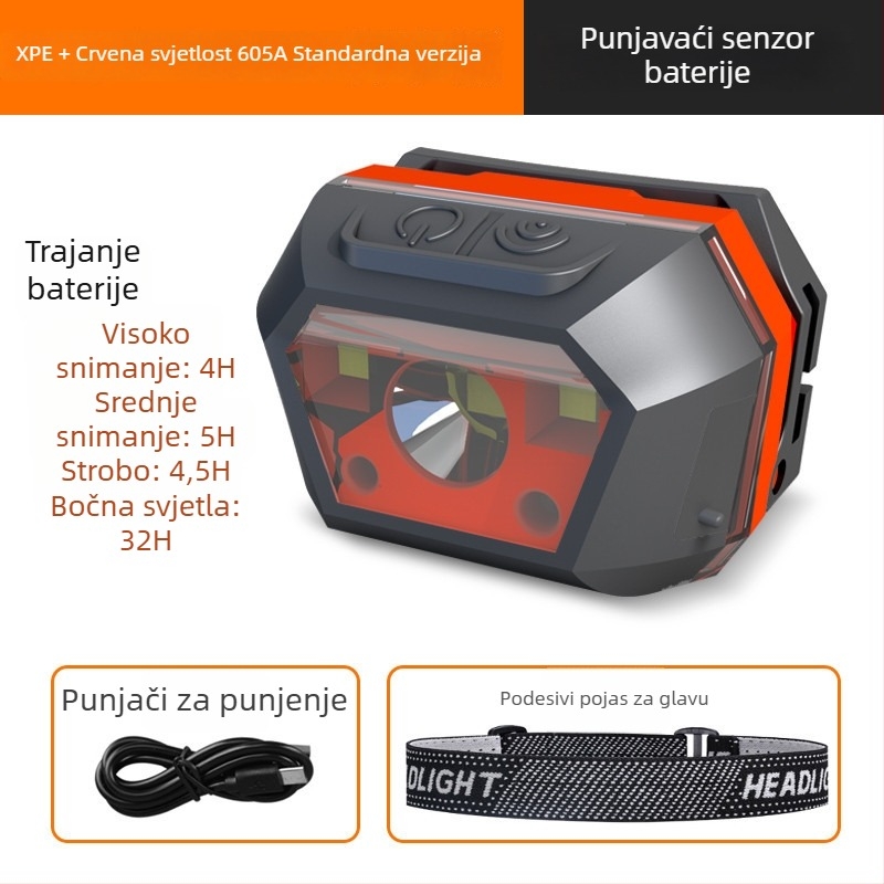 LED čelna lampa s USB punjenjem, vodootporna, za kampiranje na otvorenom, domet zrake 0–200 m, radno vrijeme 3–6 sati