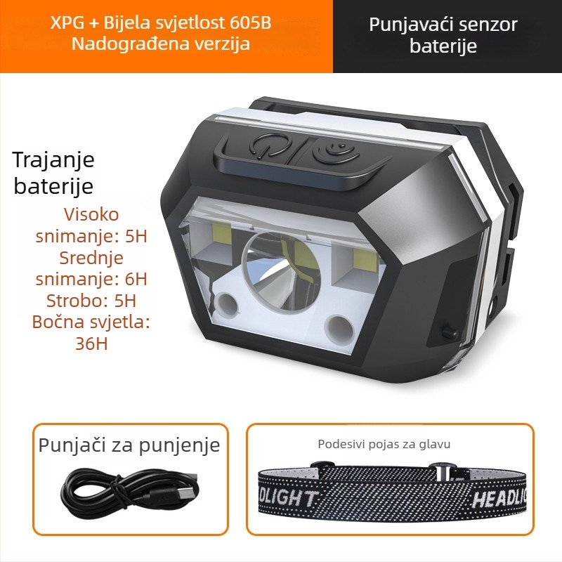 LED čelna lampa s USB punjenjem, vodootporna, za kampiranje na otvorenom, domet zrake 0–200 m, radno vrijeme 3–6 sati
