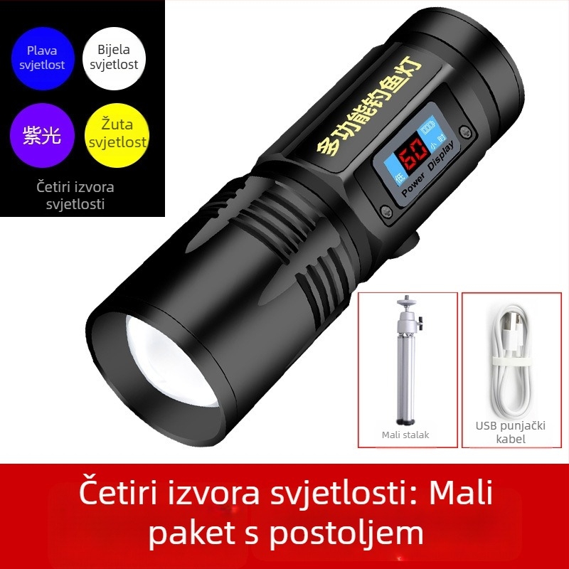 LED lampa za noćni ribolov, rotacija 360°, baterija 5000 mAh, domet 100–200 m, ručno pokretanje energije