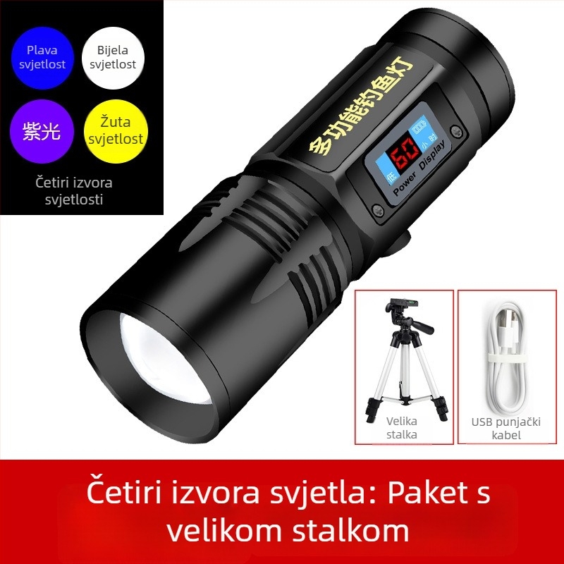 LED lampa za noćni ribolov, rotacija 360°, baterija 5000 mAh, domet 100–200 m, ručno pokretanje energije