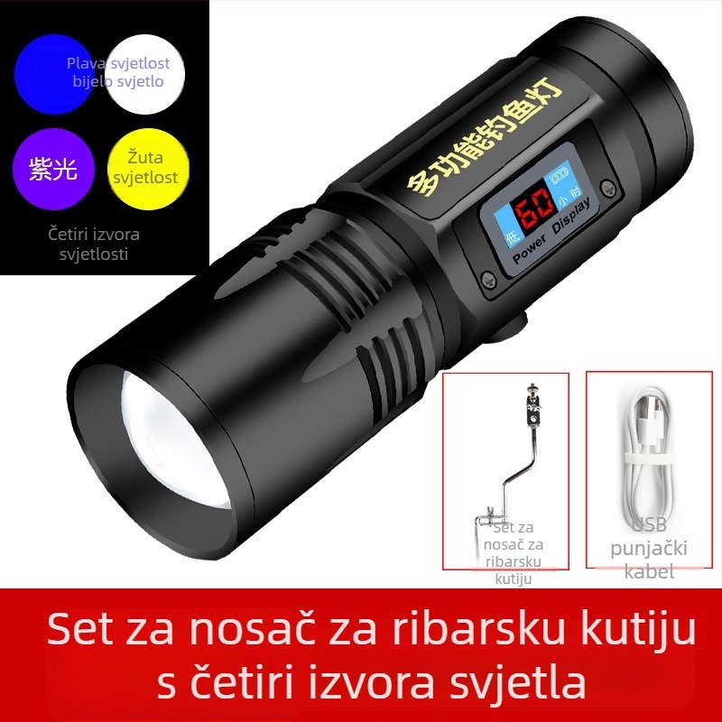LED lampa za noćni ribolov, rotacija 360°, baterija 5000 mAh, domet 100–200 m, ručno pokretanje energije