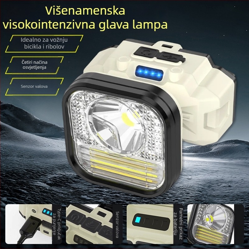 Indukcijska čelna lampica, baterija 1200mAh, LED + žarulja, naslona na glavu za bicikl, kampiranje i noćni ribolov, domet 50–100 m