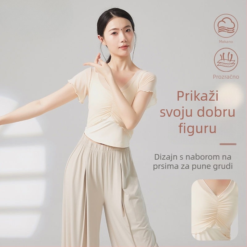 Ženski baletni body za etnički ples — kratki rukav, poliester-spandex smjesa, proljeće 2025