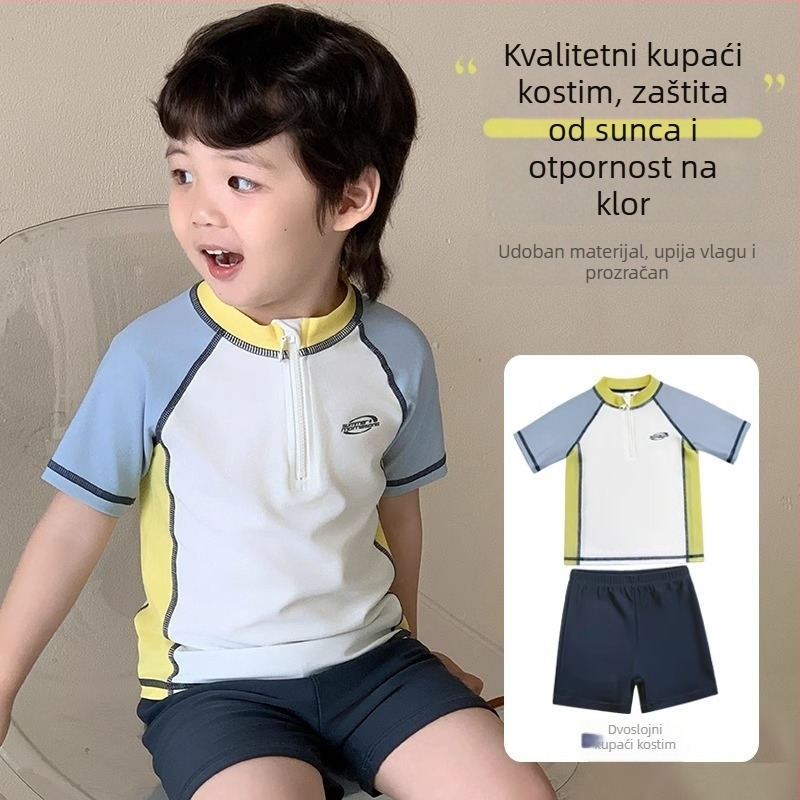 Dječji kupaći kostim za dječake - dvodijelni, kratki rukav, lagani poliester, 85% vlakna, 150-300 g, pogodan za plivanje i vodene sportove