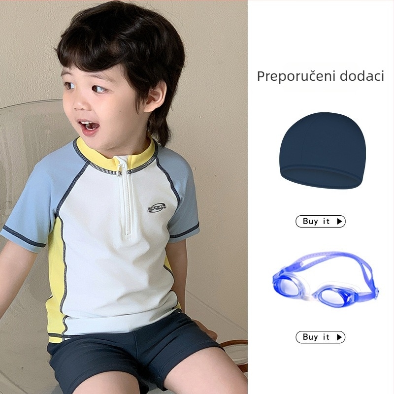 Dječji kupaći kostim za dječake - dvodijelni, kratki rukav, lagani poliester, 85% vlakna, 150-300 g, pogodan za plivanje i vodene sportove