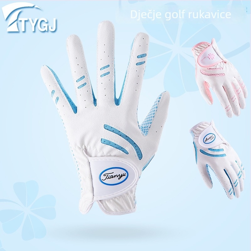 Dječje golfske rukavice TTYGJ — mikrovlakno epoksidno platno + PU + mrežasto platno; dlan: poliester s silikonom; stražnji dio ruke: PU 45% + 55% poliester vlakana; prsti: 90% poliester + 10% spandeks