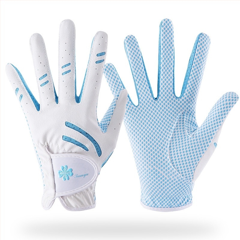 Dječje golfske rukavice TTYGJ — mikrovlakno epoksidno platno + PU + mrežasto platno; dlan: poliester s silikonom; stražnji dio ruke: PU 45% + 55% poliester vlakana; prsti: 90% poliester + 10% spandeks