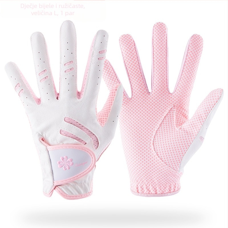 Dječje golfske rukavice TTYGJ — mikrovlakno epoksidno platno + PU + mrežasto platno; dlan: poliester s silikonom; stražnji dio ruke: PU 45% + 55% poliester vlakana; prsti: 90% poliester + 10% spandeks