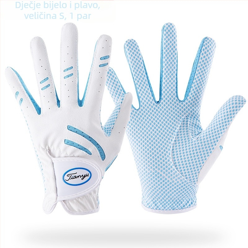 Dječje golfske rukavice TTYGJ — mikrovlakno epoksidno platno + PU + mrežasto platno; dlan: poliester s silikonom; stražnji dio ruke: PU 45% + 55% poliester vlakana; prsti: 90% poliester + 10% spandeks
