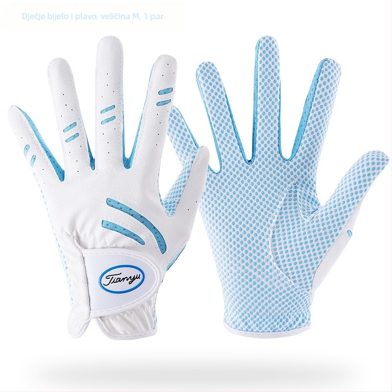 Dječje golfske rukavice TTYGJ — mikrovlakno epoksidno platno + PU + mrežasto platno; dlan: poliester s silikonom; stražnji dio ruke: PU 45% + 55% poliester vlakana; prsti: 90% poliester + 10% spandeks