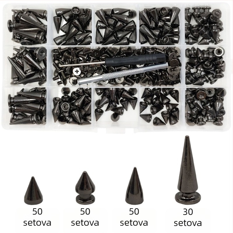 Set metalnih zakovica — za kožu, s kuglastom glavom, konične, dekorativne punk zakovice za kapute, traperice, šešire, kaiše i torbe (Huafei)