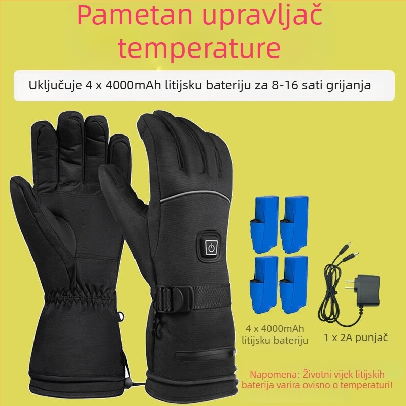 Skijaške rukavice s grijanjem na litijsku bateriju, grijanje cijele šake i prstiju, vodootporna podstava od najlona i pamuka, za odrasle, unisex