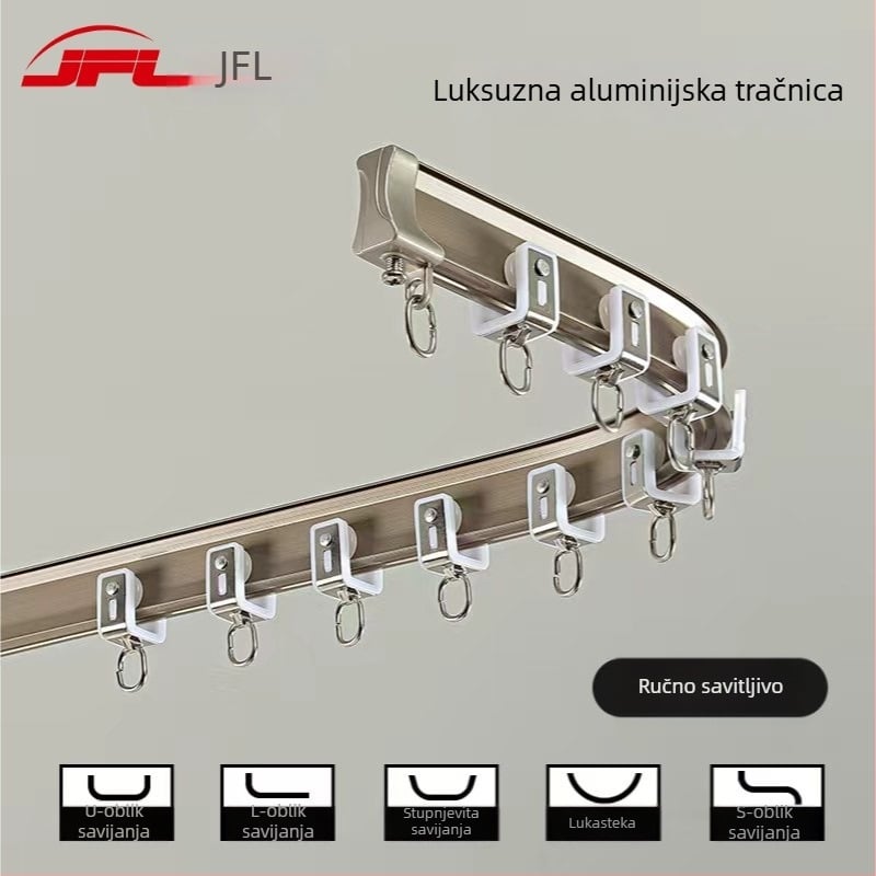 Aluminijska šina za zavjese, model JFL-F07, ručno savitljiva, za montažu na strop ili bočnu stranu, za zavjese tipa suspenzija