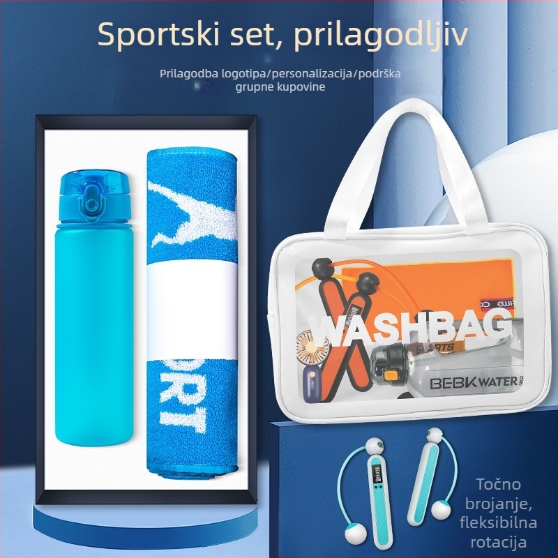 Wise metalni poklon paket – ručnik za fitness i čašica za vodu, moderan minimalistički stil, idealan poslovni poklon