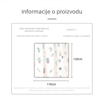 Swaddle deka za bebu – Četverostruka gazе, pamuk + regenerirana celuloza, 40s pređa, šivanje/štampa/ravno tkanje, 200–300 g, Prilagodljivo procesiranje