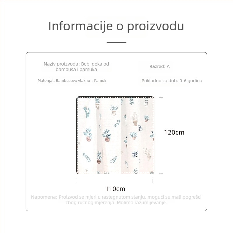 Swaddle deka za bebu – Četverostruka gazе, pamuk + regenerirana celuloza, 40s pređa, šivanje/štampa/ravno tkanje, 200–300 g, Prilagodljivo procesiranje