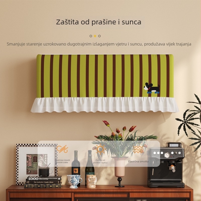 Kryt za klima uređaj s crtanim preslatkim štenetom, tkaninska zaštita od prašine, zaštita od izravnog protoka zraka, šifonski rub, viseći dizajn