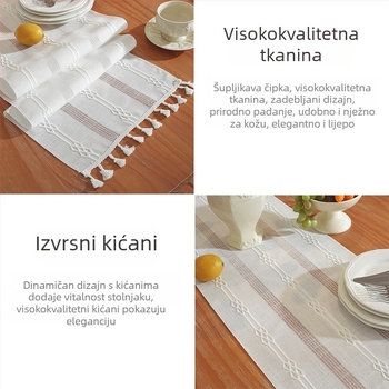 Laneni bežec za stol u nordijskom stilu s resicama i izrezanim dizajnom, za dnevni boravak – dekor za TV ormarić i stol za kavu