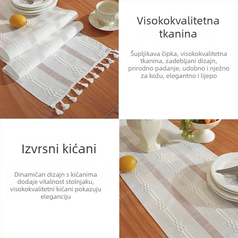 Laneni bežec za stol u nordijskom stilu s resicama i izrezanim dizajnom, za dnevni boravak – dekor za TV ormarić i stol za kavu