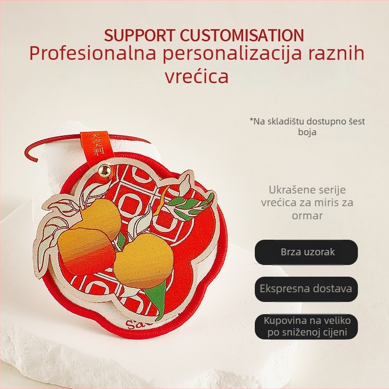 Automobilska viseća mirisna vrećica, izšivena s blagoslovima sreće, prosperiteta, dugovječnosti, radosti i bogatstva. Materijal: tkanina; Stil: kineski; Izrada: vezenje; Prilagodljivo za korištenje u automobilu.