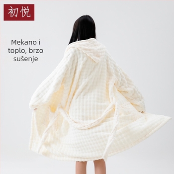 Chuyue ženski kućni ogrtač za kupanje s kapuljom, coral fleece, dugi rukavi, nosiv kao ručnik za kupanje, kućna odjeća zimi, debeli dizajn
