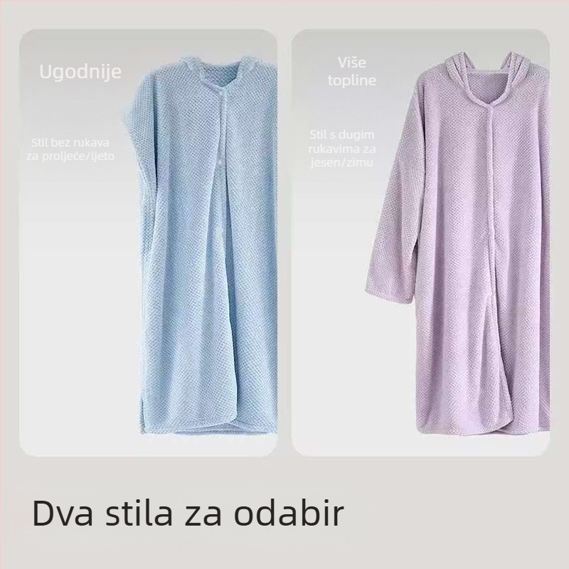 Ženski kupaći ogrtač s kapuljom od koralnog flisa, izvezeni detalj, smjesa spandeksa, 580 g